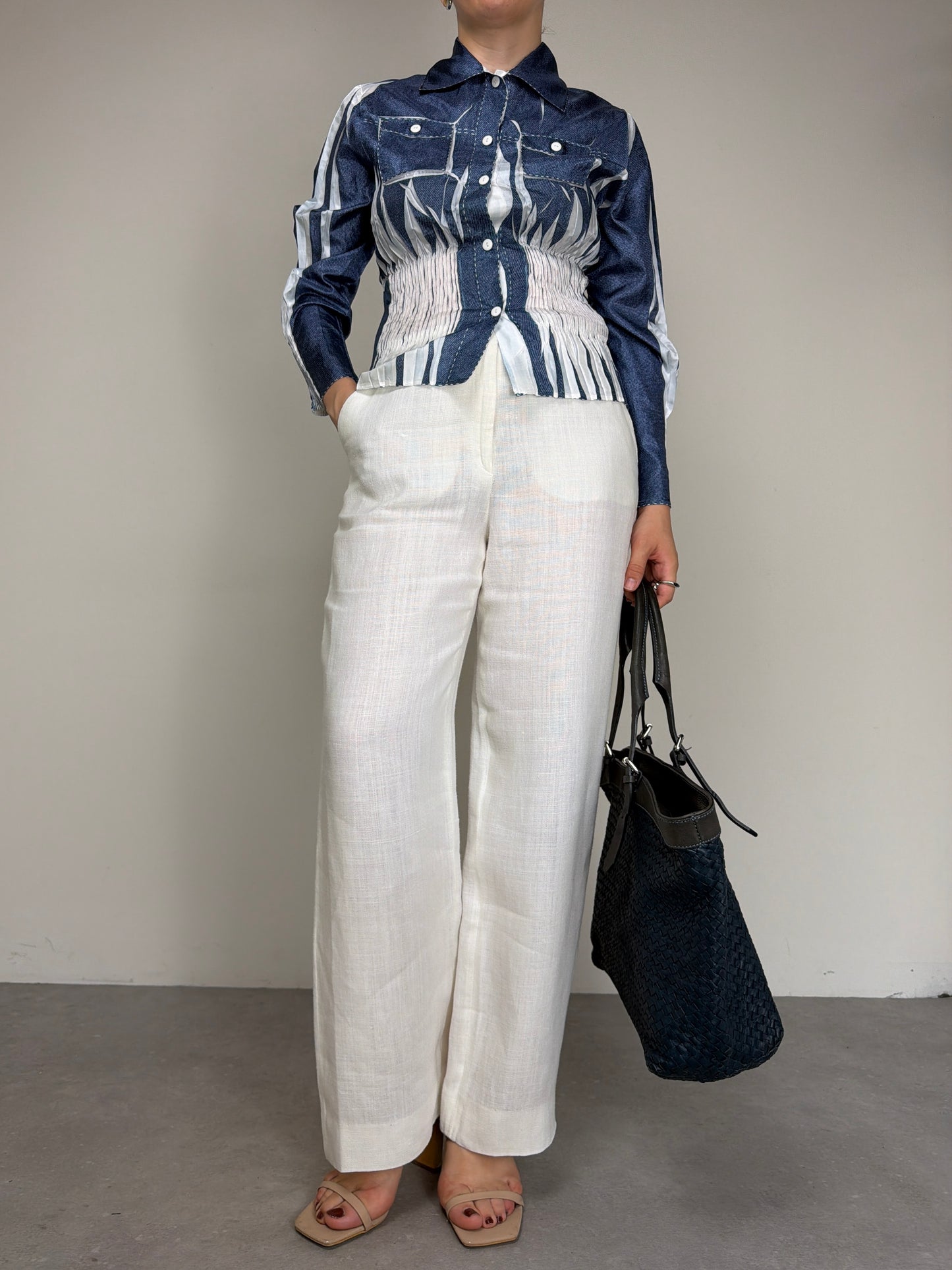 Camicetta vintage stampa denim effetto crinkle