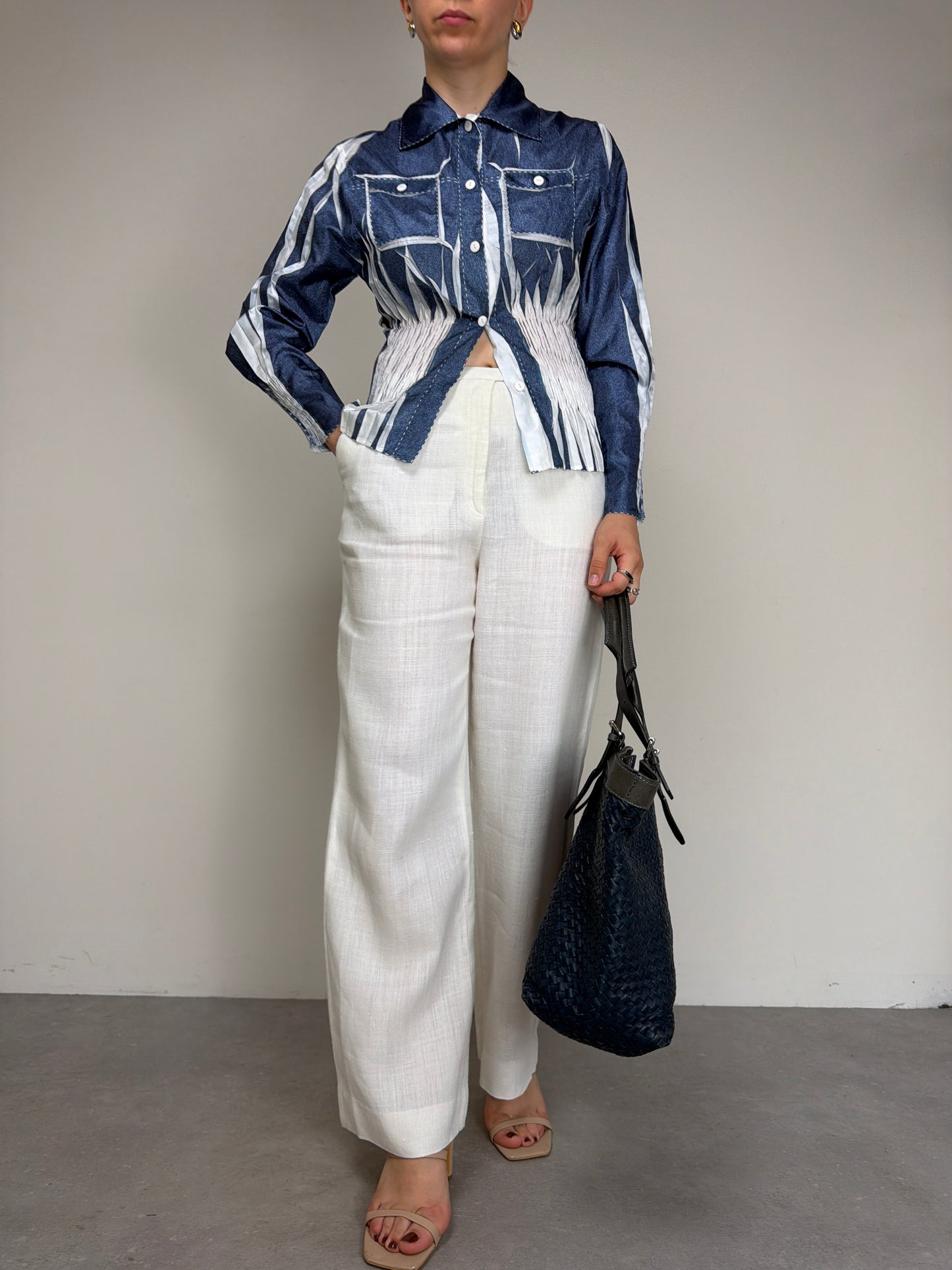 Camicetta vintage stampa denim effetto crinkle