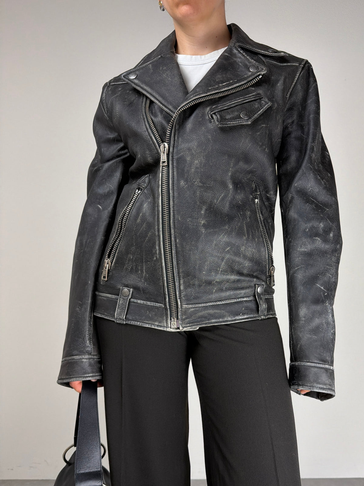Chiodo in vera pelle effetto distressed