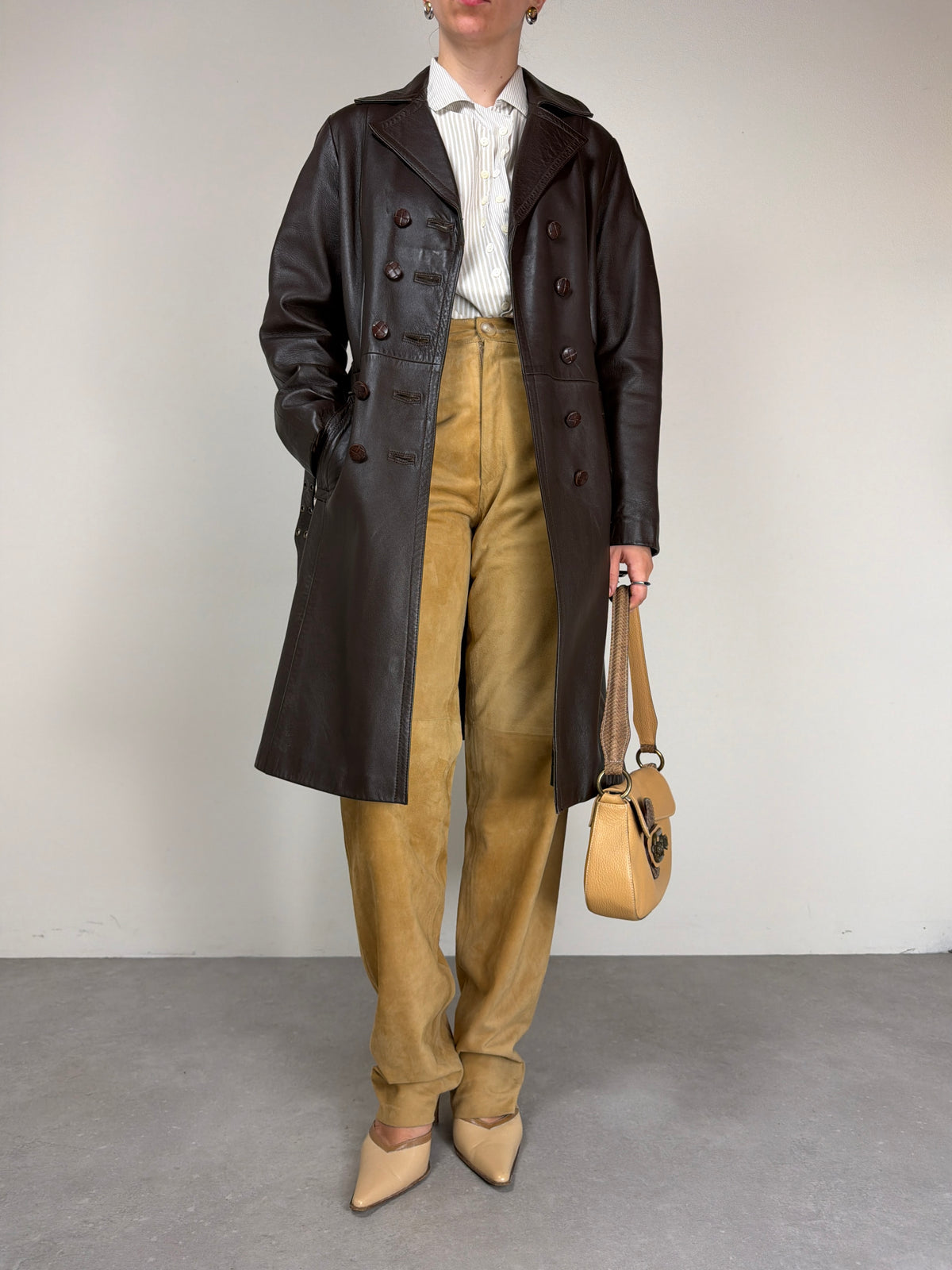 Trench vintage in vera pelle marrone