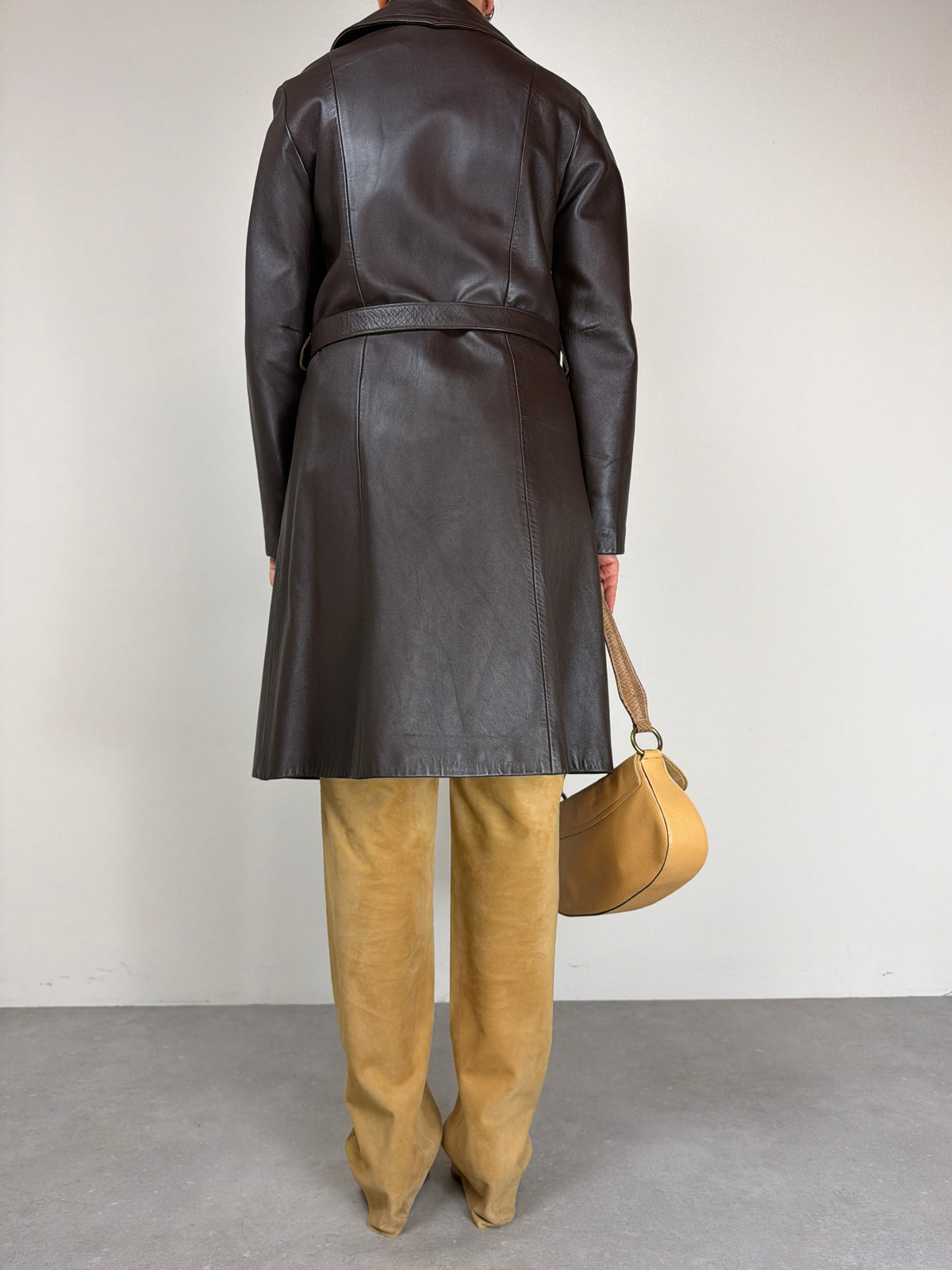 Trench vintage in vera pelle marrone