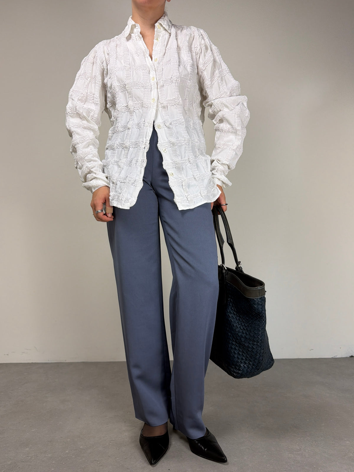 Camicia in cotone effetto nido d'ape a griglia