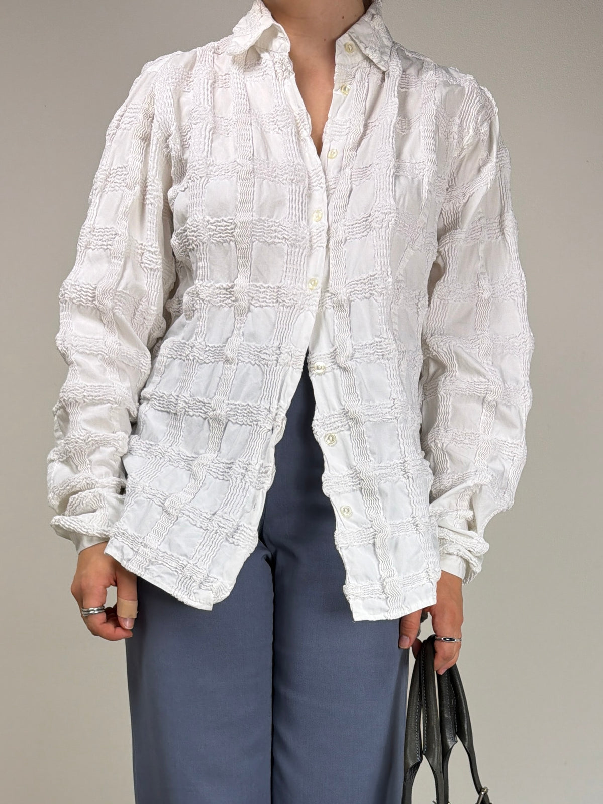 Camicia in cotone effetto nido d'ape a griglia