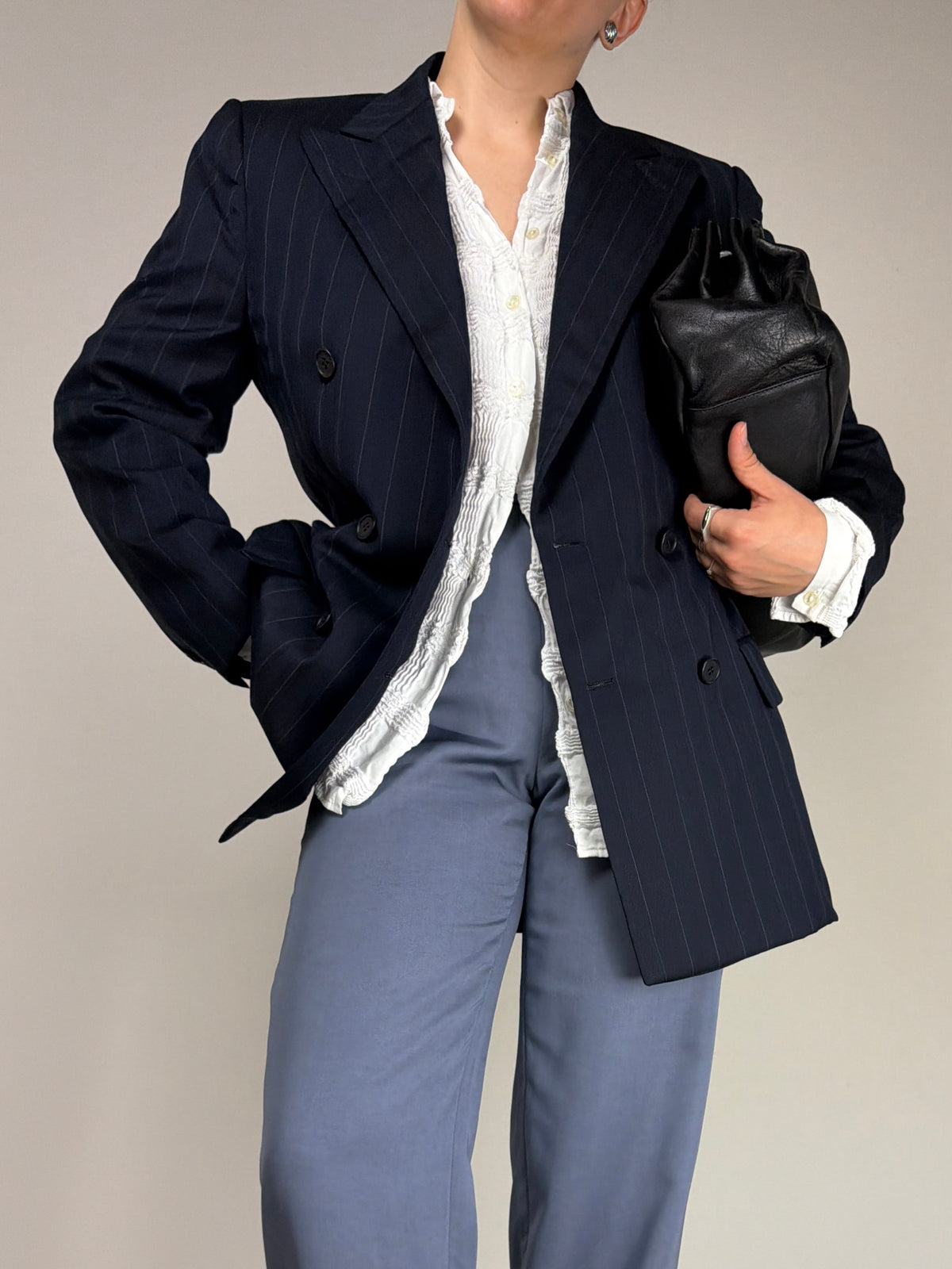 Blazer gessato in lana e seta a doppiopetto