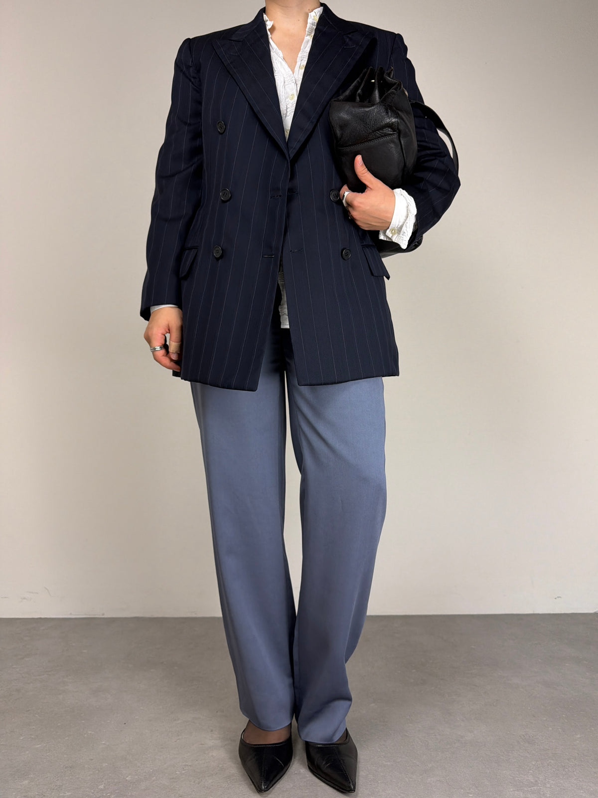 Blazer gessato in lana e seta a doppiopetto