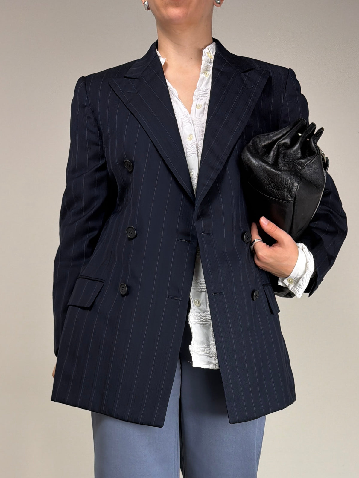 Blazer gessato in lana e seta a doppiopetto