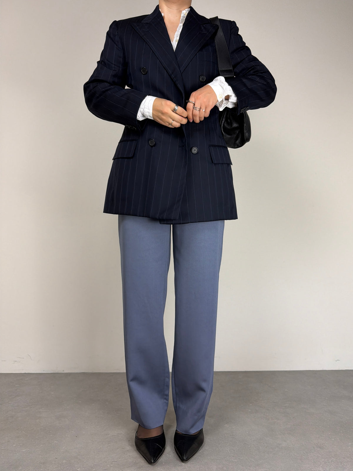 Blazer gessato in lana e seta a doppiopetto