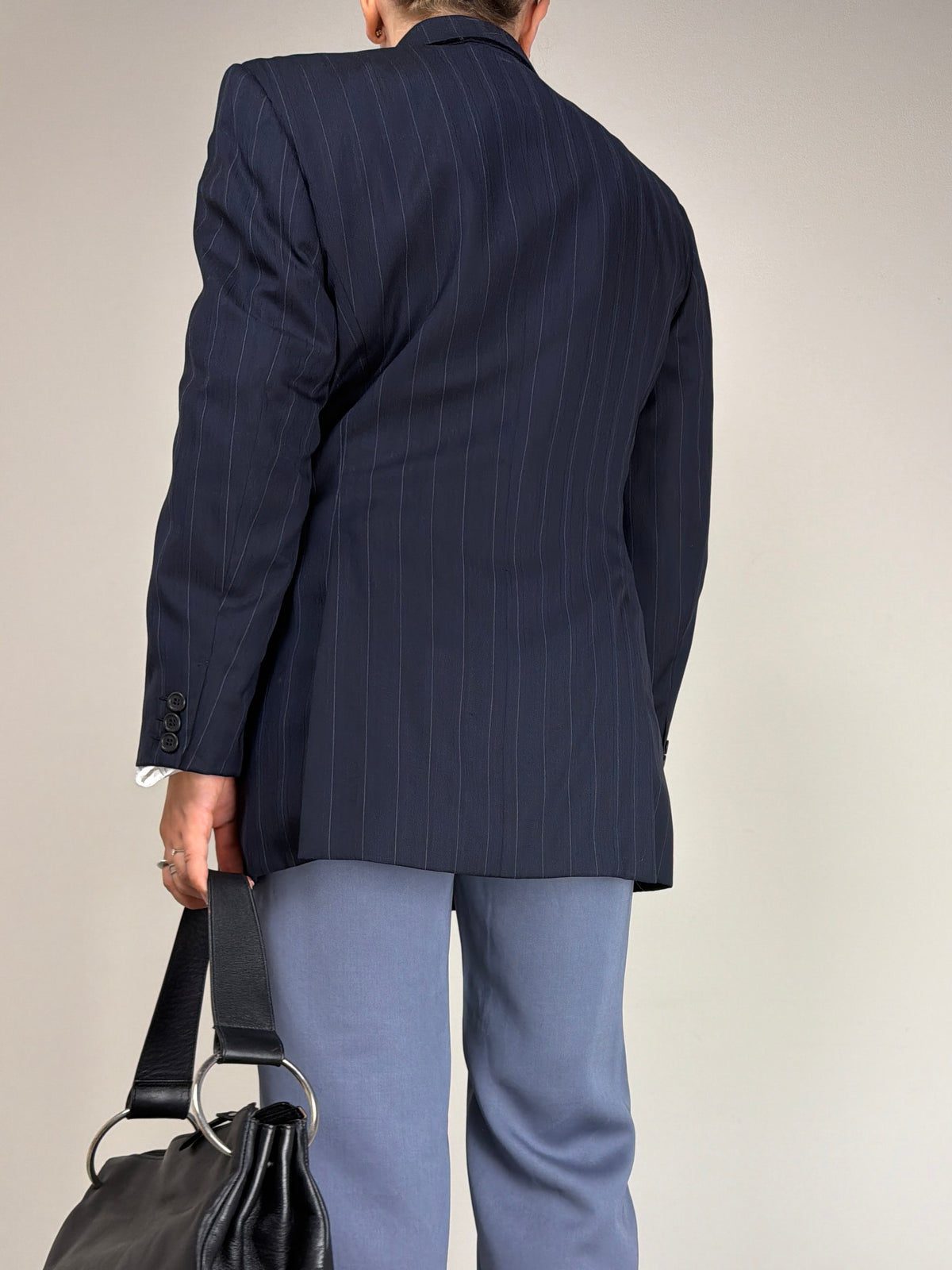 Blazer gessato in lana e seta a doppiopetto