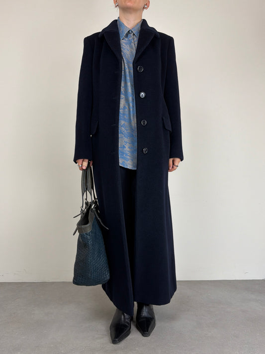 Cappotto vintage lungo in pura lana vergine blu
