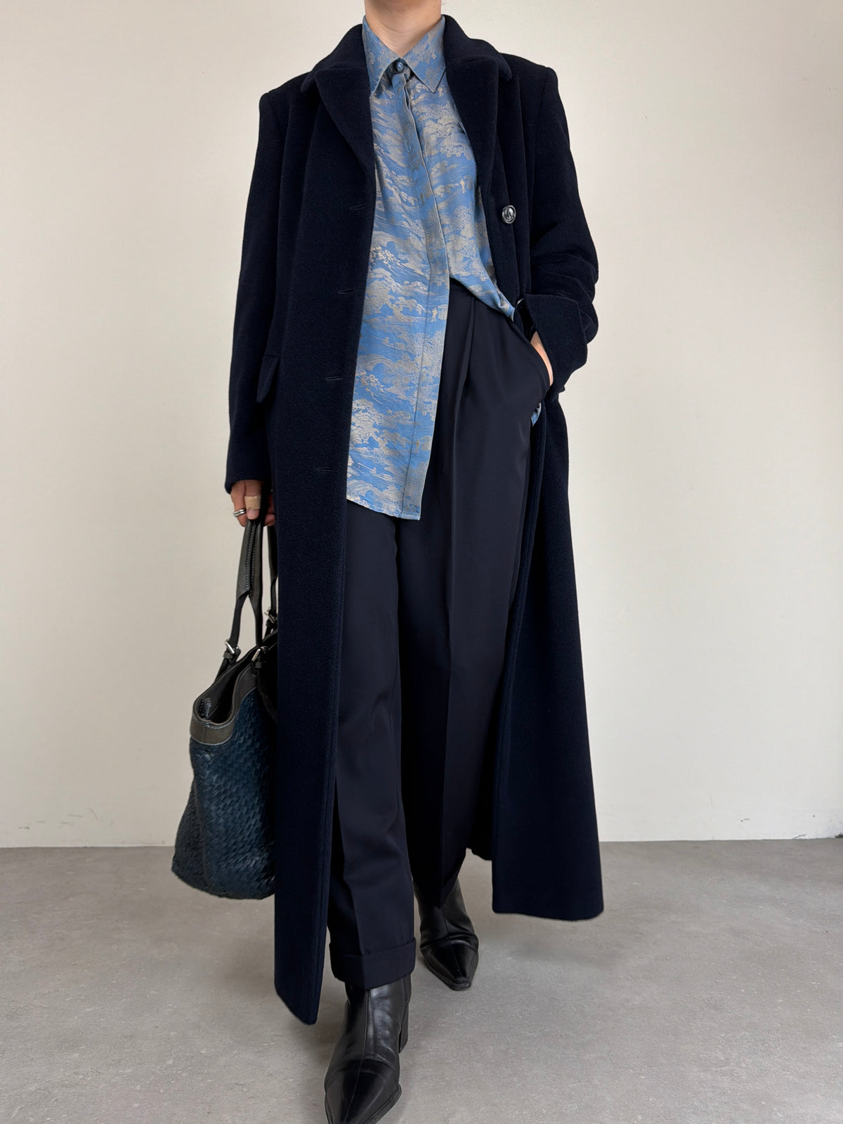 Cappotto vintage lungo in pura lana vergine blu