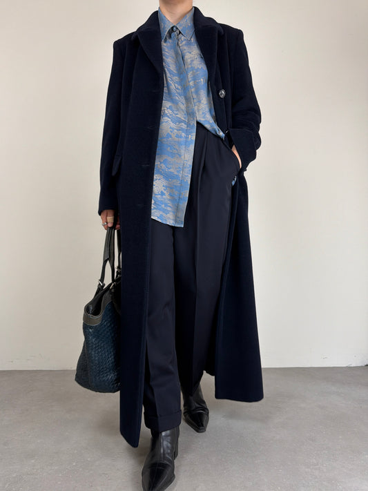 Cappotto vintage lungo in pura lana vergine blu
