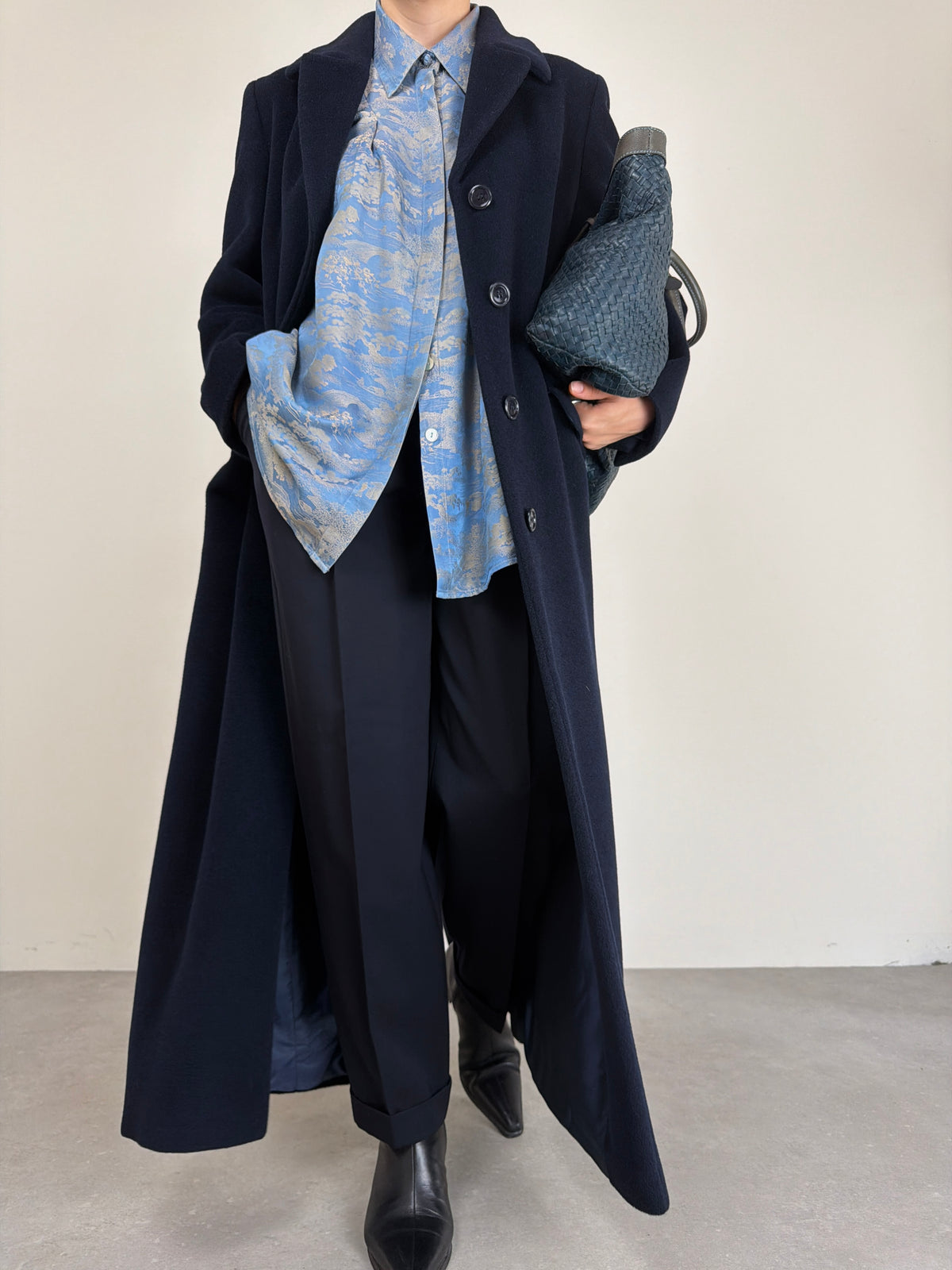 Cappotto vintage lungo in pura lana vergine blu