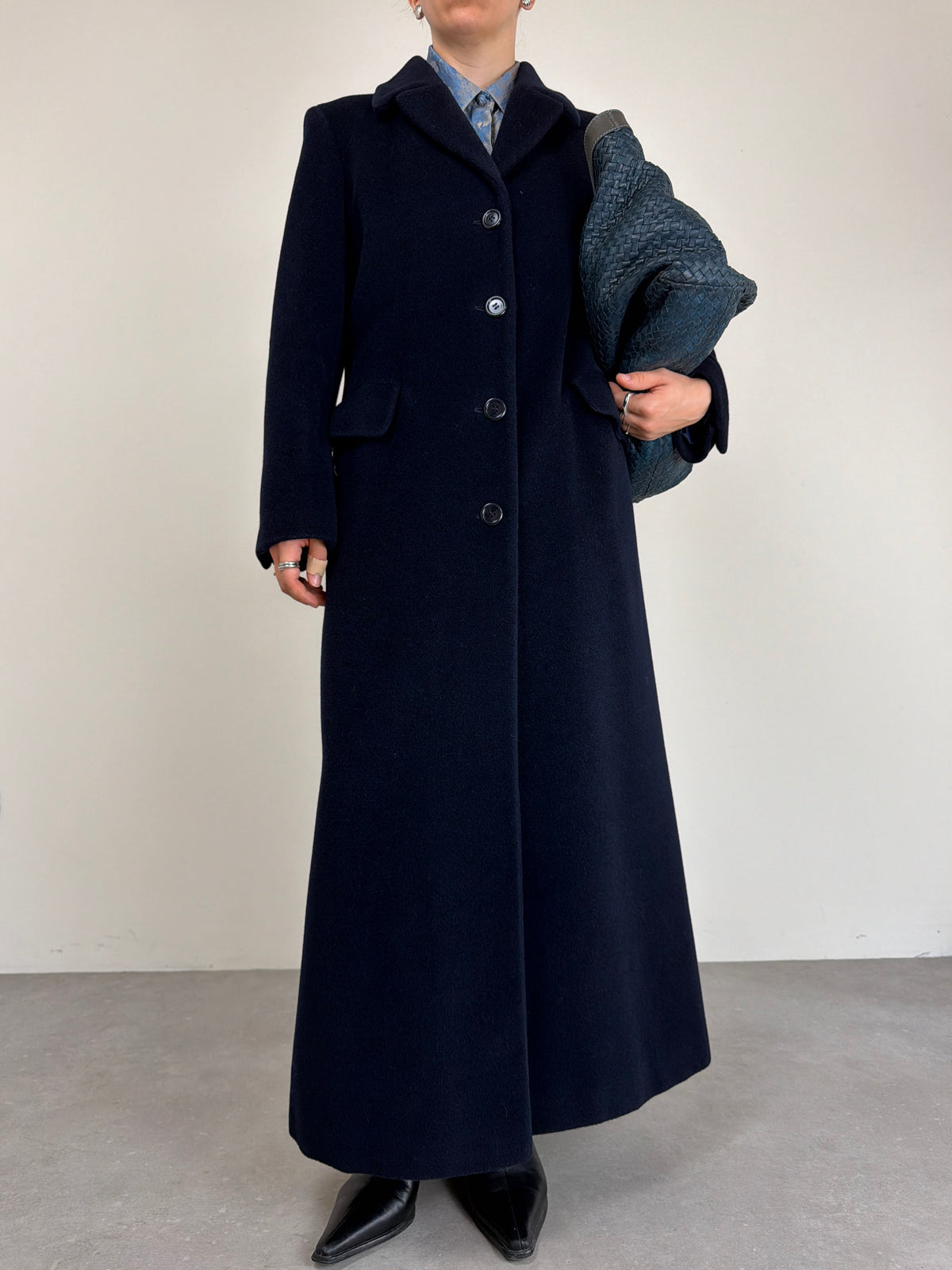 Cappotto vintage lungo in pura lana vergine blu