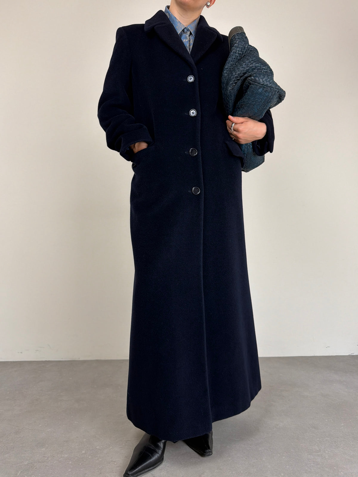 Cappotto vintage lungo in pura lana vergine blu