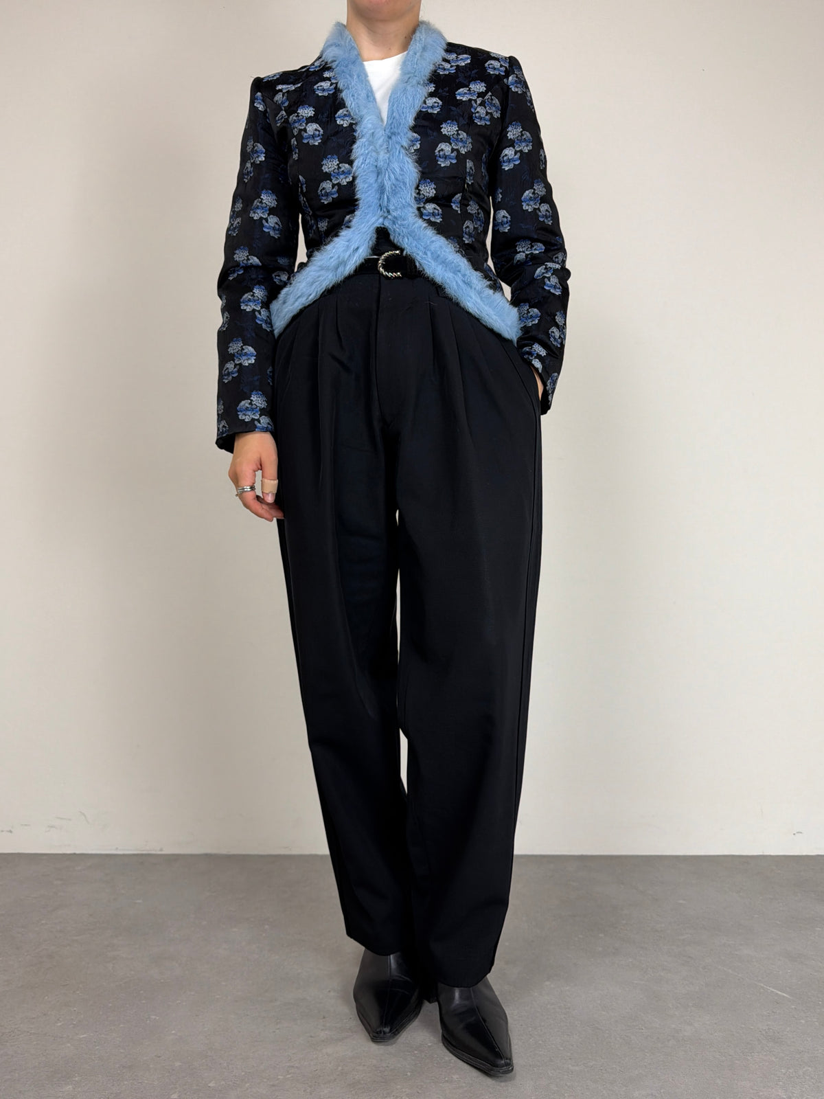 Giacca vintage in jacquard con pelliccia