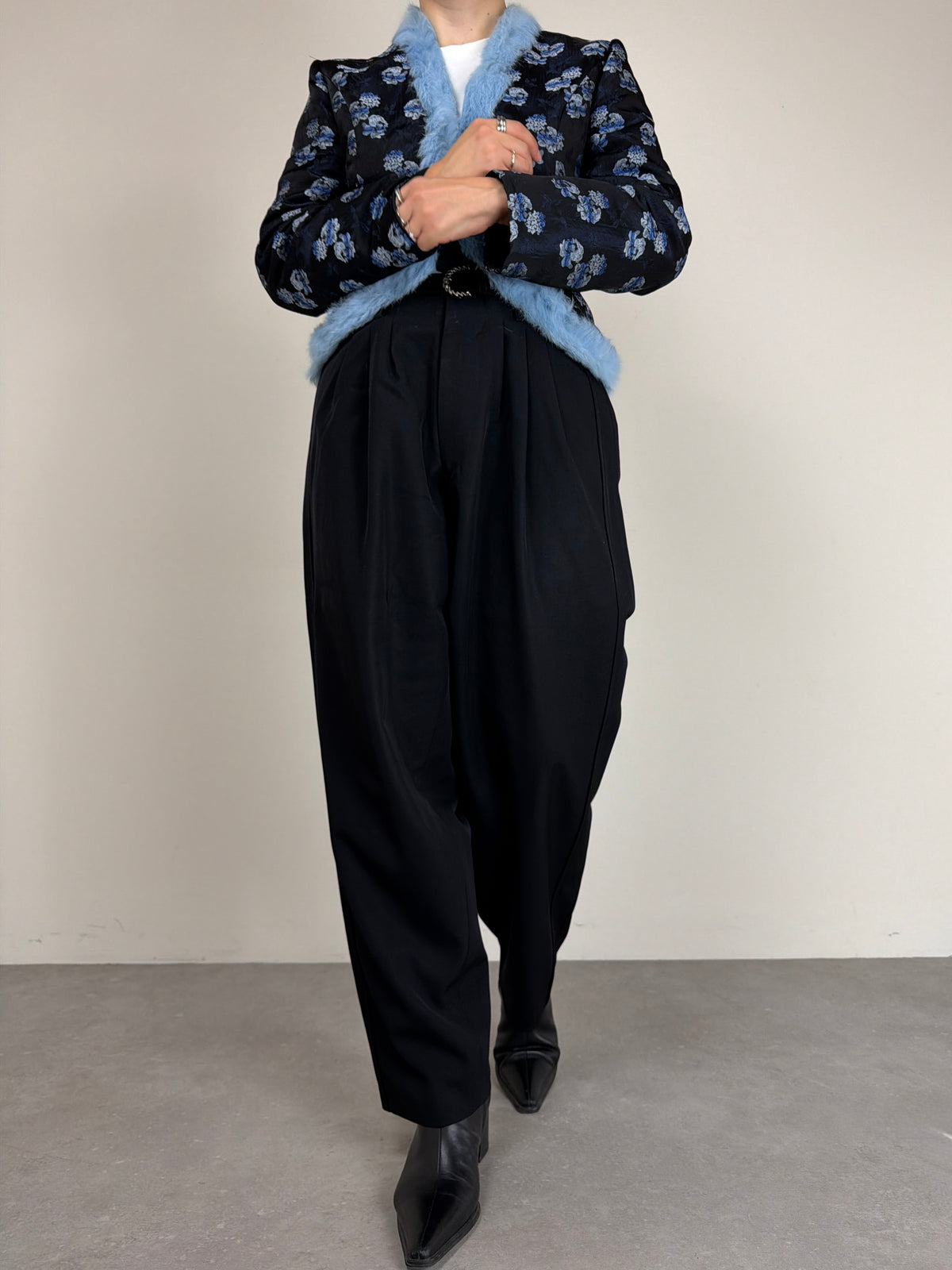 Giacca vintage in jacquard con pelliccia