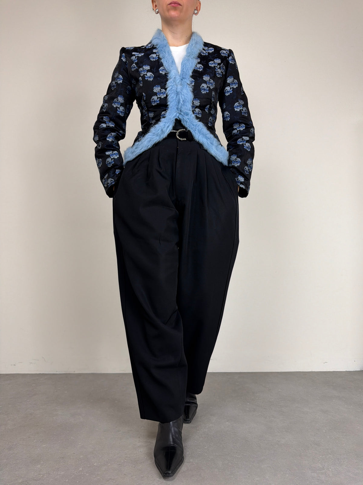 Giacca vintage in jacquard con pelliccia