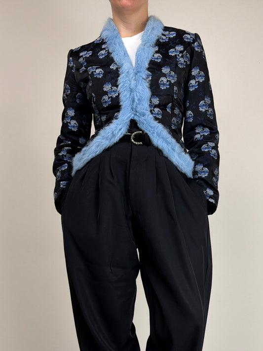 Giacca vintage in jacquard con pelliccia
