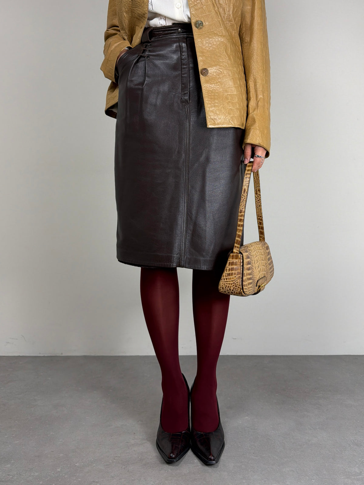Gonna vintage midi in nappa marrone cioccolato