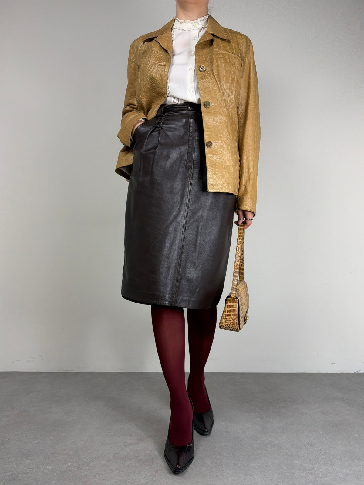Gonna vintage midi in nappa marrone cioccolato