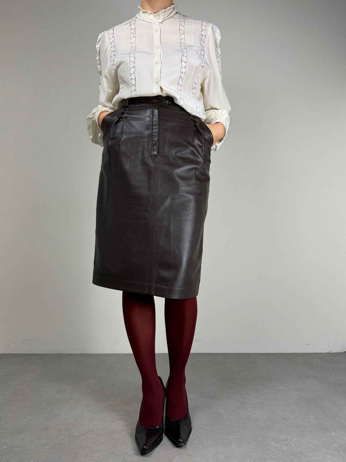 Gonna vintage midi in nappa marrone cioccolato
