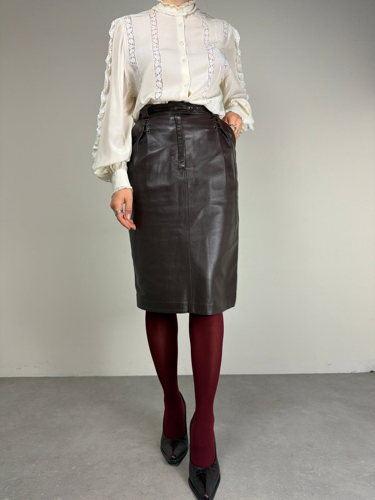 Gonna vintage midi in nappa marrone cioccolato