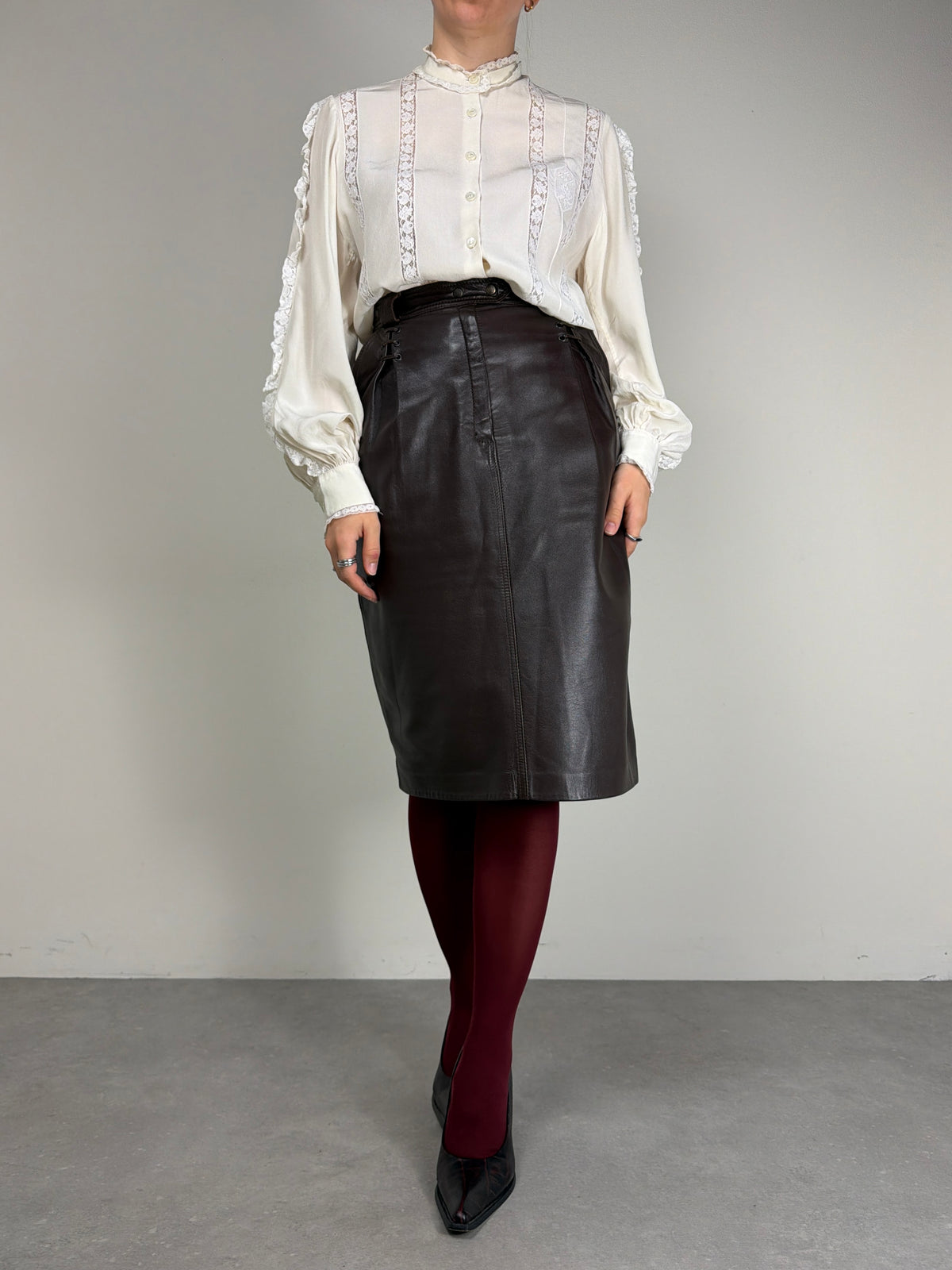 Gonna vintage midi in nappa marrone cioccolato