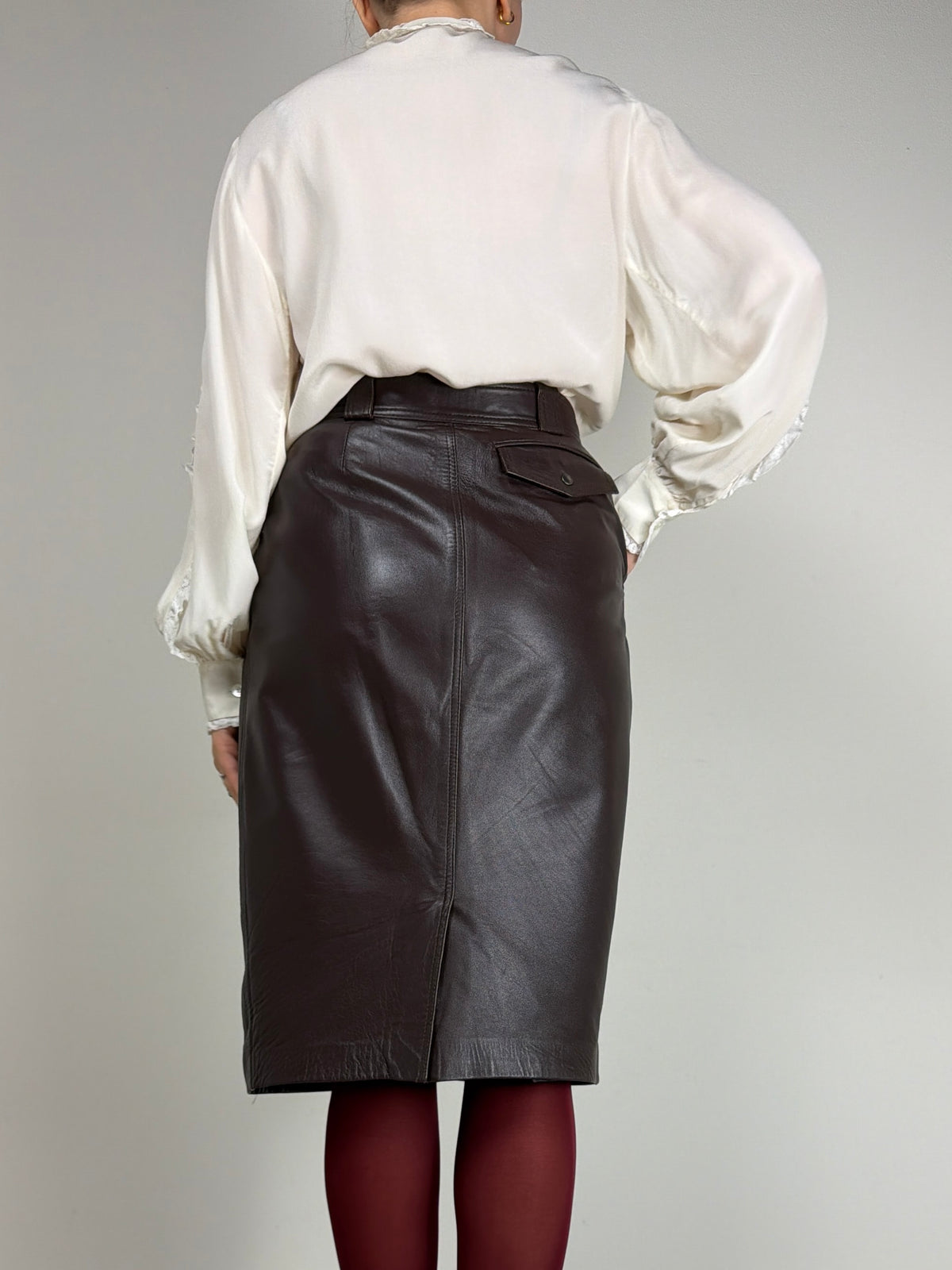 Gonna vintage midi in nappa marrone cioccolato