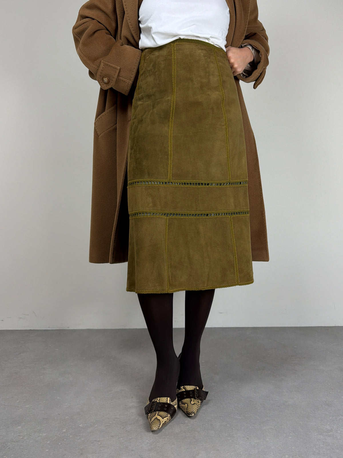 Gonna vintage midi in camoscio verde oliva