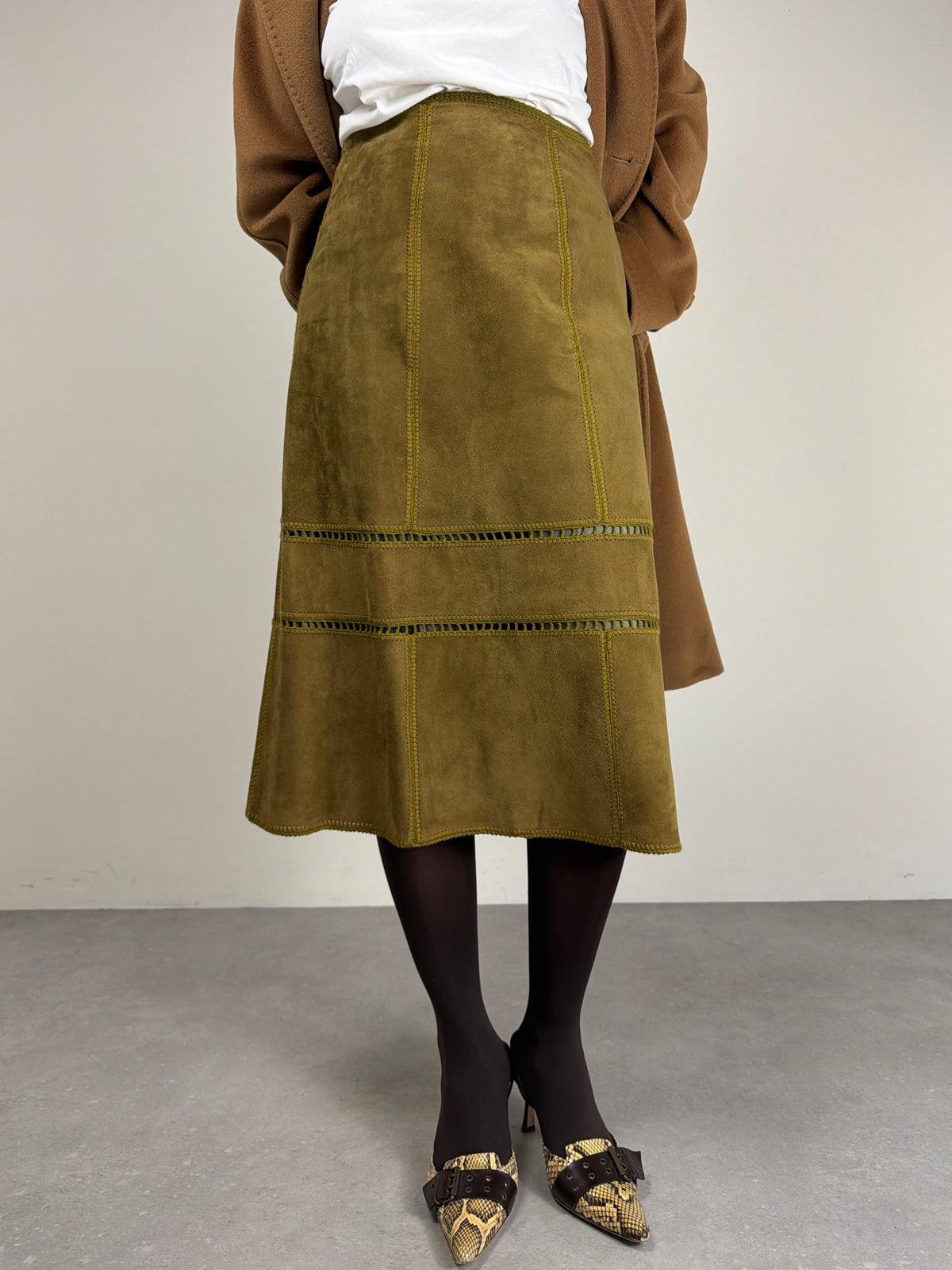 Gonna vintage midi in camoscio verde oliva