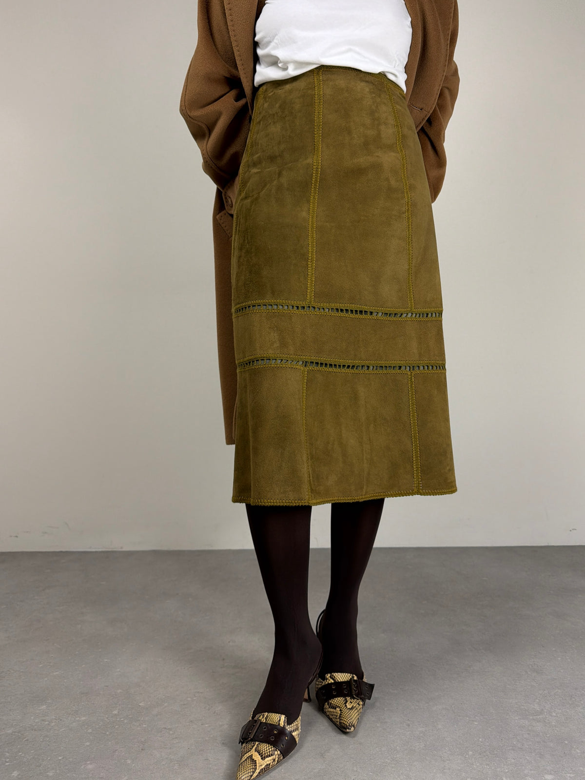 Gonna vintage midi in camoscio verde oliva
