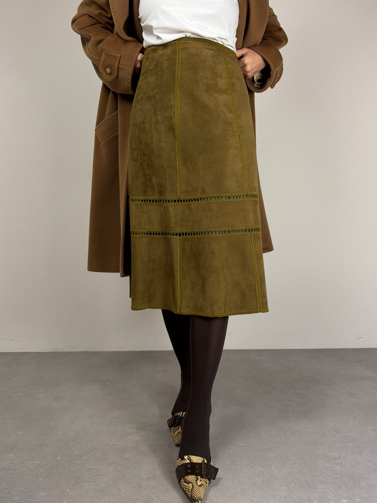 Gonna vintage midi in camoscio verde oliva