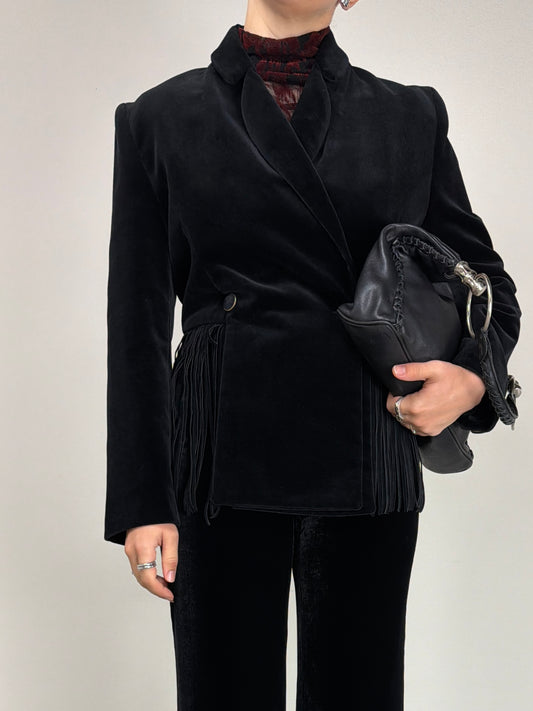 Blazer vintage in velluto di cotone con frange in pelle