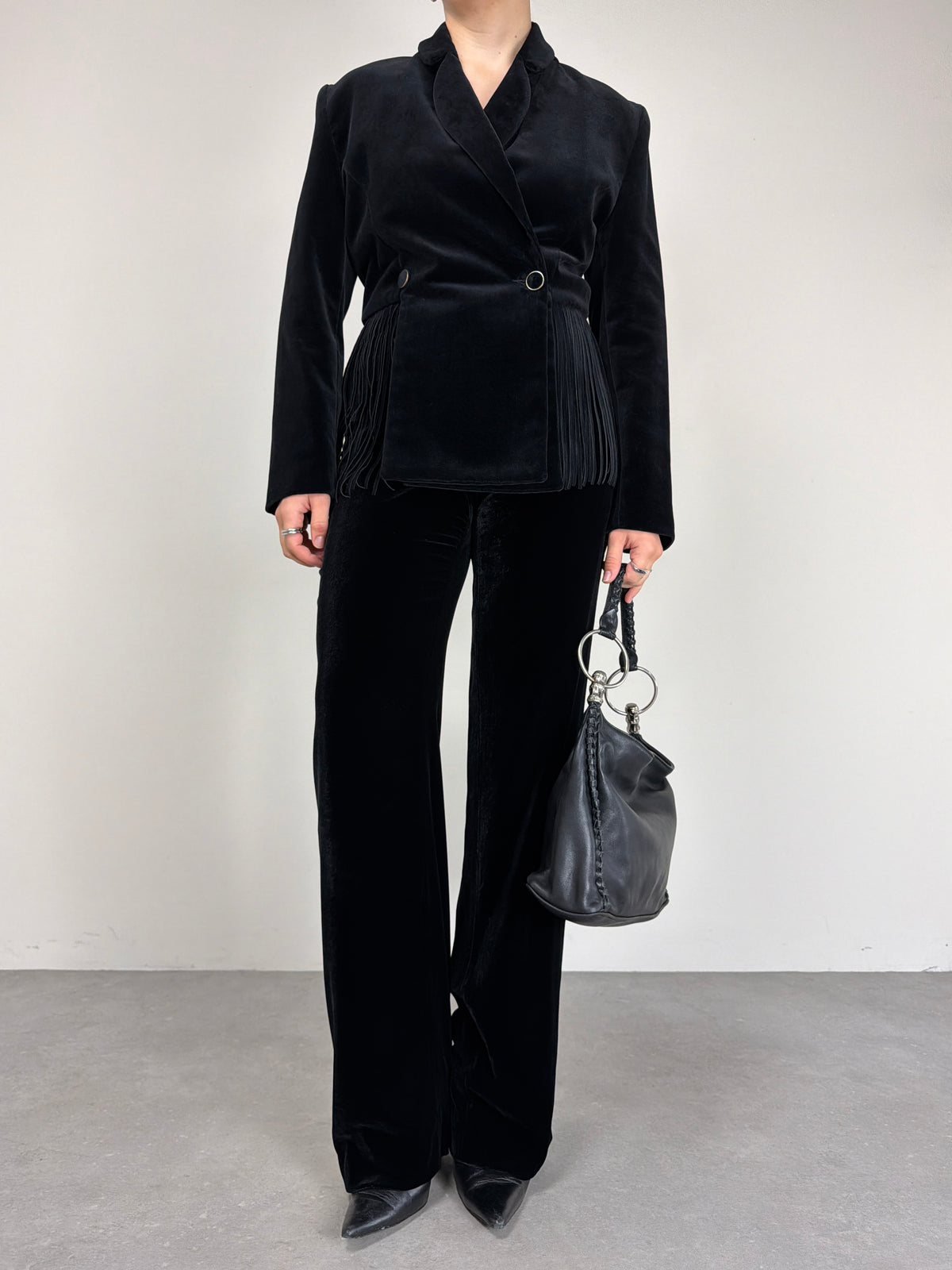 Blazer vintage in velluto di cotone con frange in pelle