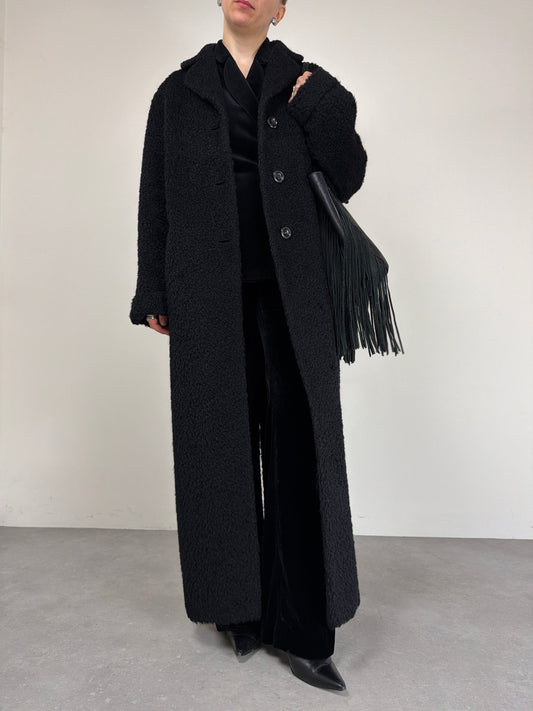 Cappotto nero lungo in mohair e lana