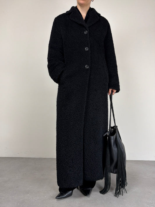 Cappotto nero lungo in mohair e lana