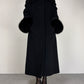 Cappotto vintage nero in lana con collo e polsini in pelliccia di volpe