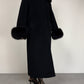 Cappotto vintage nero in lana con collo e polsini in pelliccia di volpe
