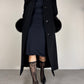 Cappotto vintage nero in lana con collo e polsini in pelliccia di volpe