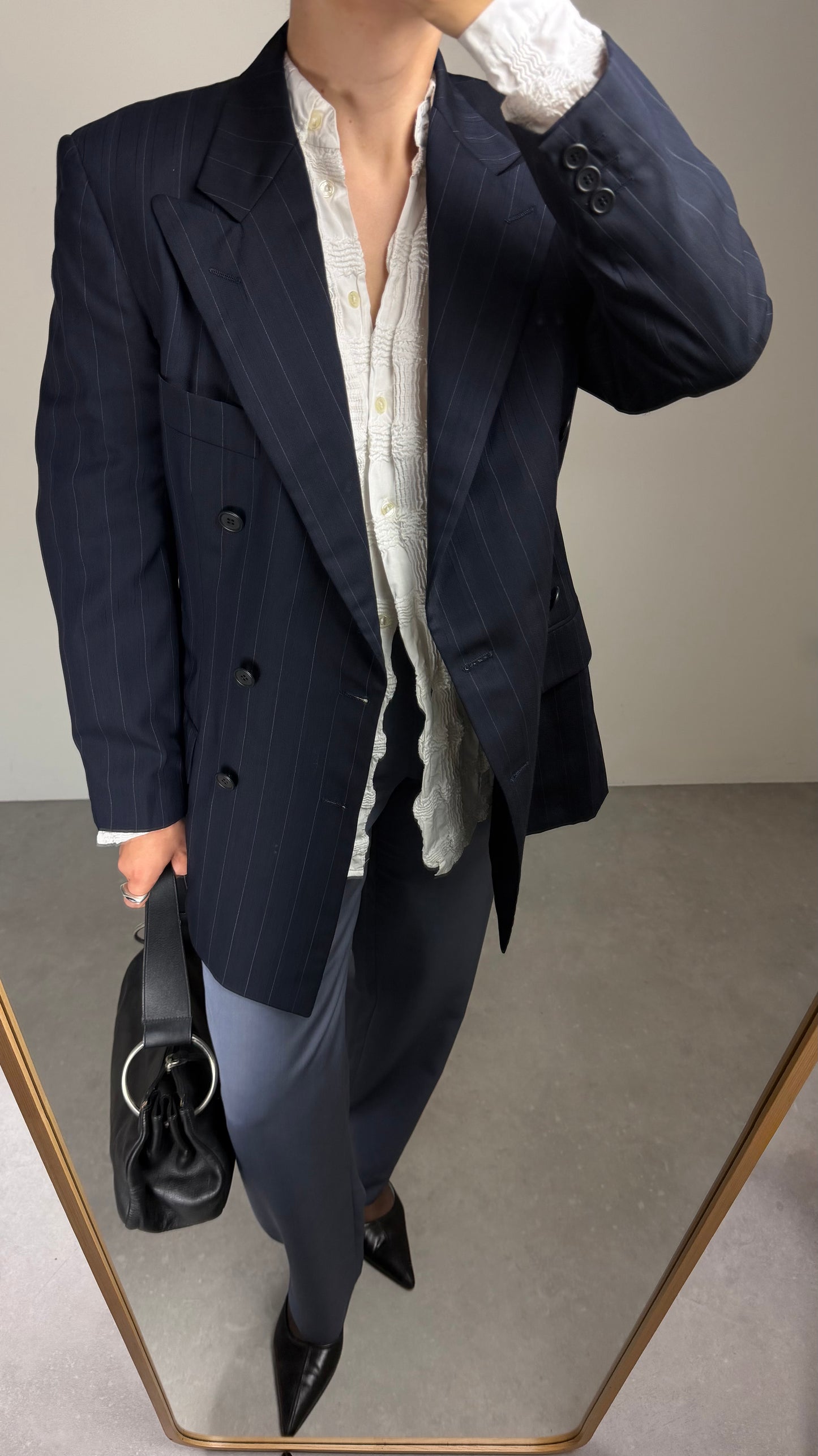 Blazer gessato in lana e seta a doppiopetto