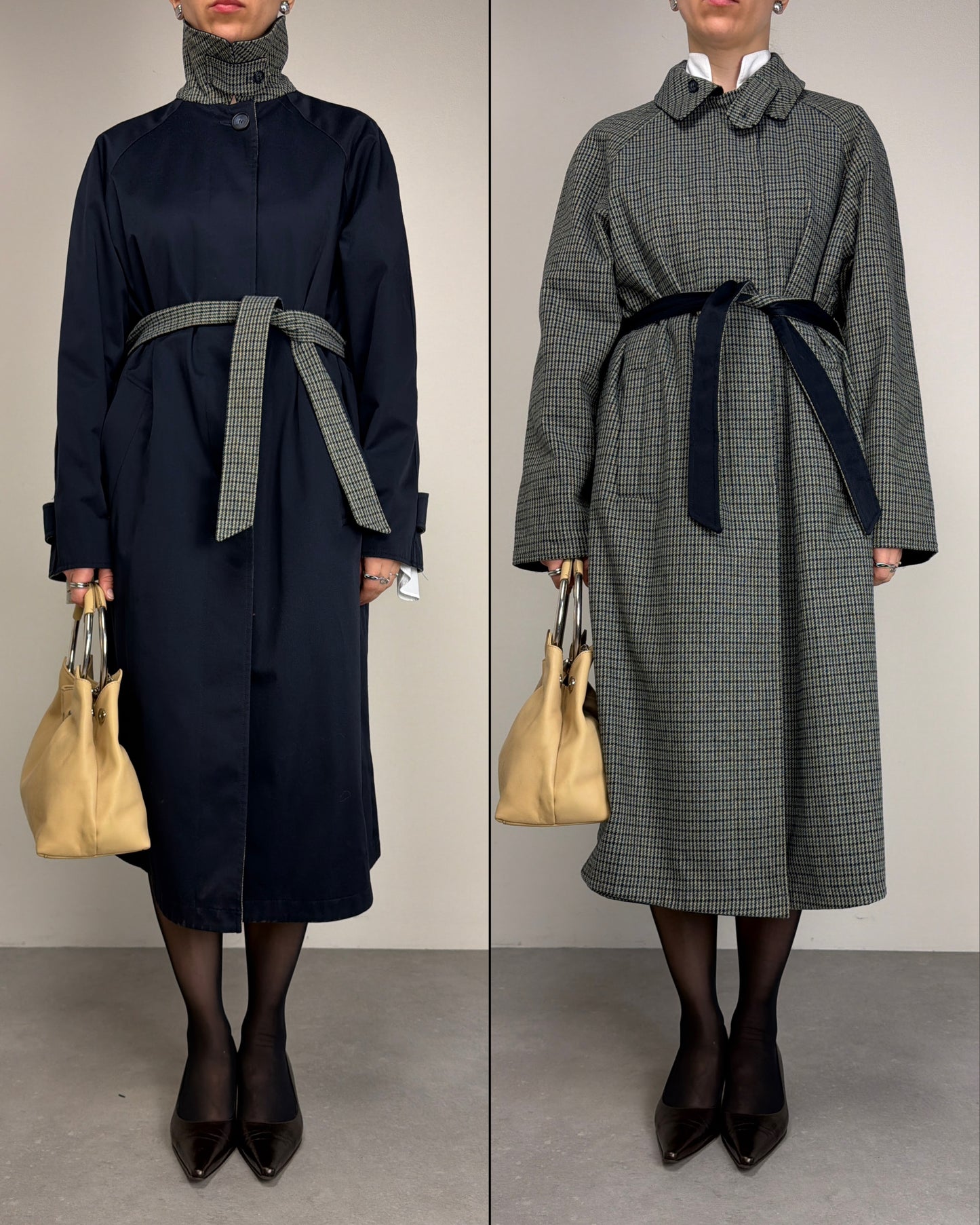 Trench vintage double-face da un lato blu e dall'altro a fantasia pied de poule