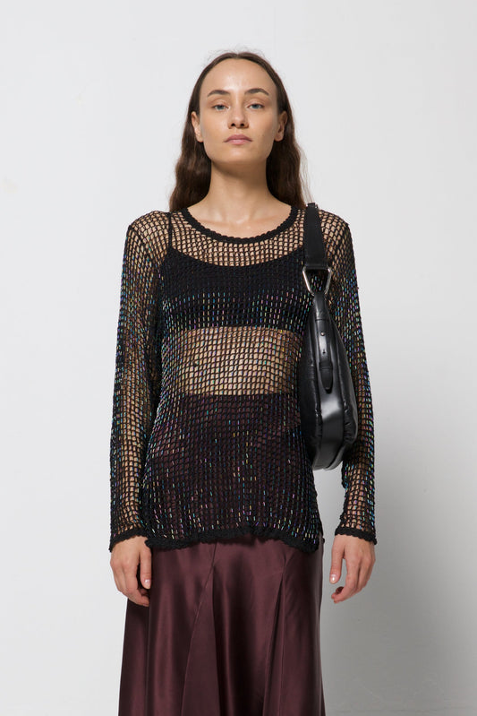 Maglia vintage a rete crochet con perline cangianti